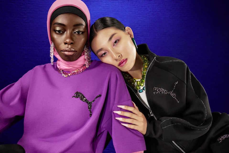 Crystals sparkle on minimalist sportswear